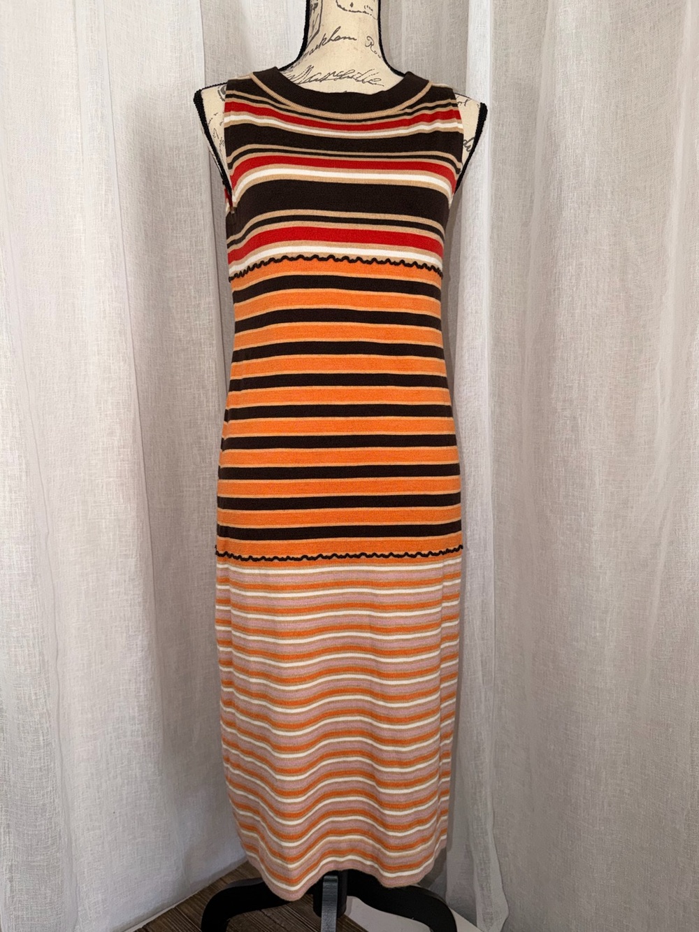 Marni x Uniqlo Striped Sleeveless Wool Blend Midi Dress in Orange & Brown